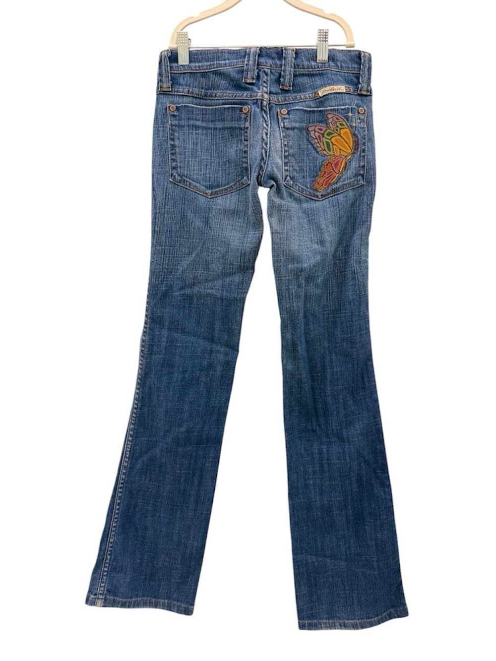 Rare vintage Frankie B. low rise jean from 2000s. Butterfly patchwork Size 0